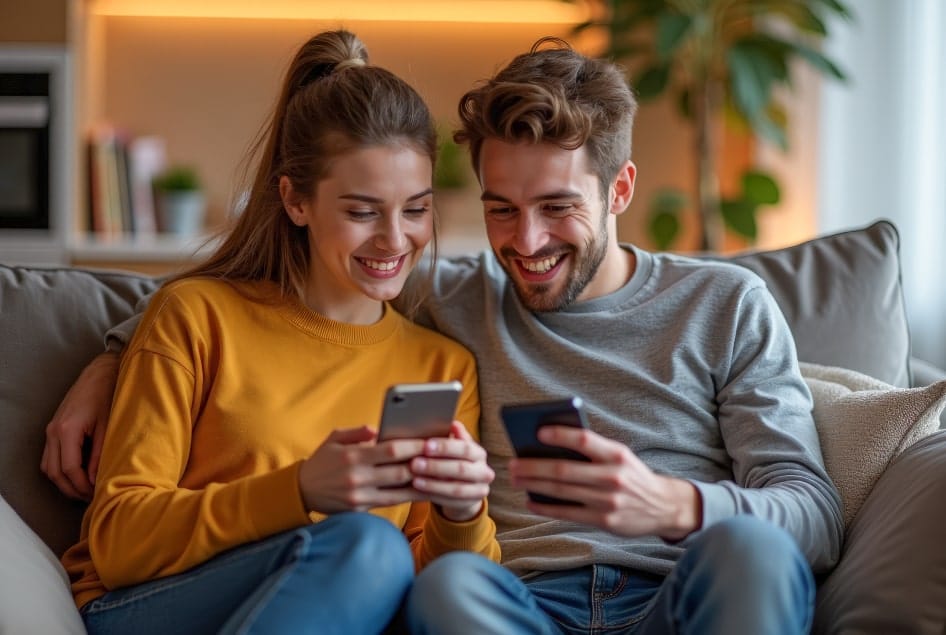 Couple reviewing information on their phones together